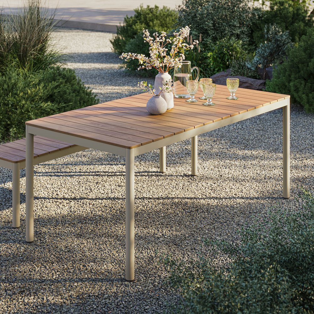 Finn 71" Outdoor Patio Aluminum Dining Table with Faux Wood Top. Picture 8