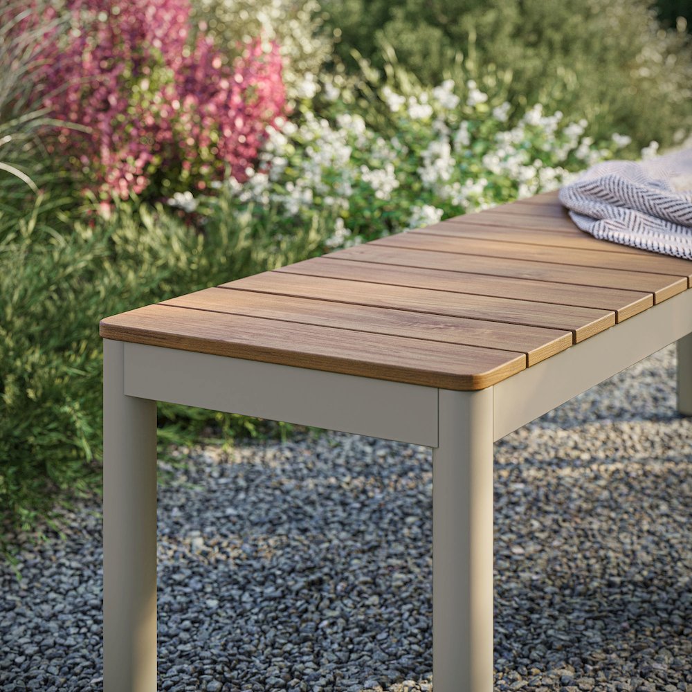 Finn Outdoor Patio Aluminum Bench with Faux Wood Top. Picture 10
