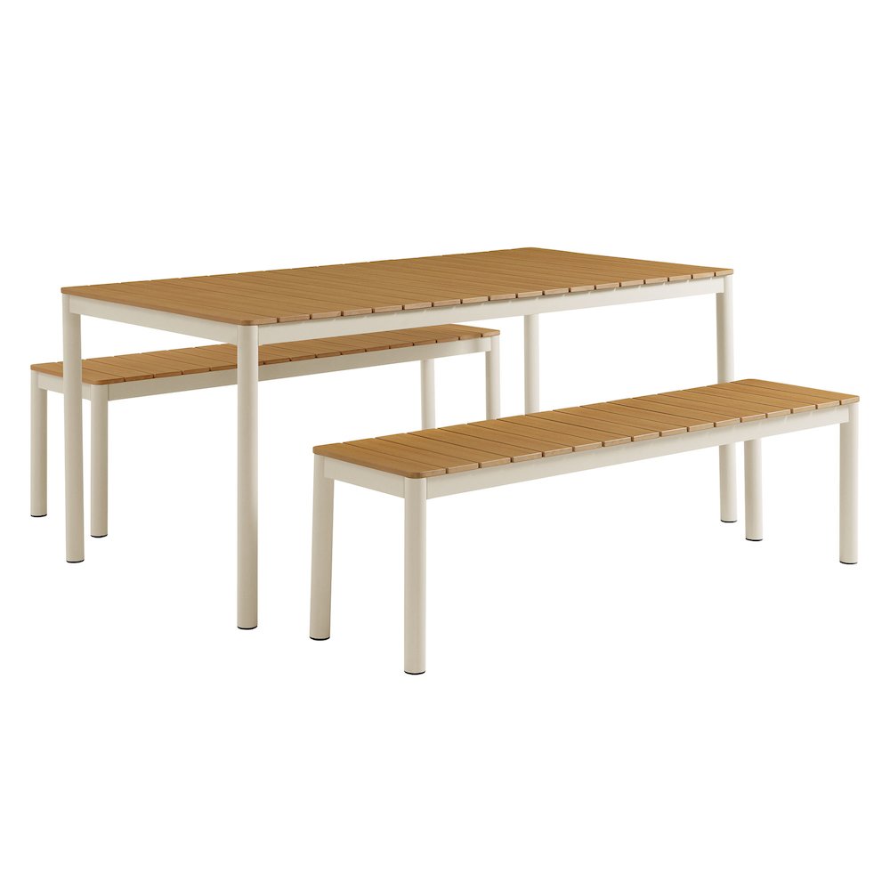 Finn Outdoor Patio Aluminum Faux Wood Dining Set with Benches. Picture 1