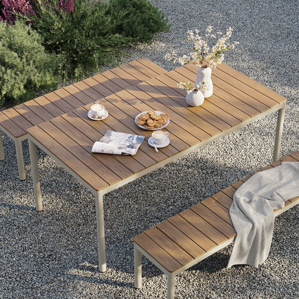 Finn Outdoor Patio Aluminum Faux Wood Dining Set with Benches. Picture 8