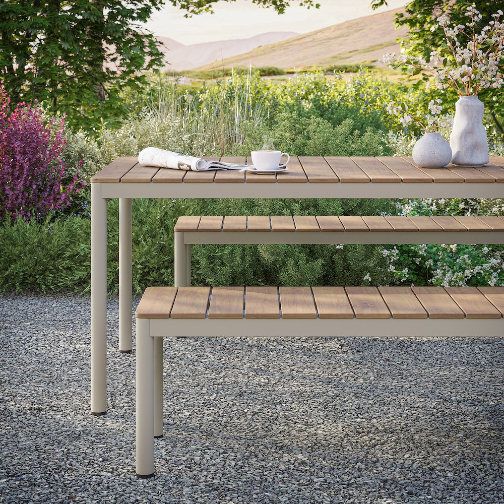 Finn Outdoor Patio Aluminum Faux Wood Dining Set with Benches. Picture 7