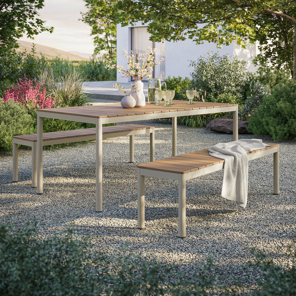 Finn Outdoor Patio Aluminum Faux Wood Dining Set with Benches. Picture 6
