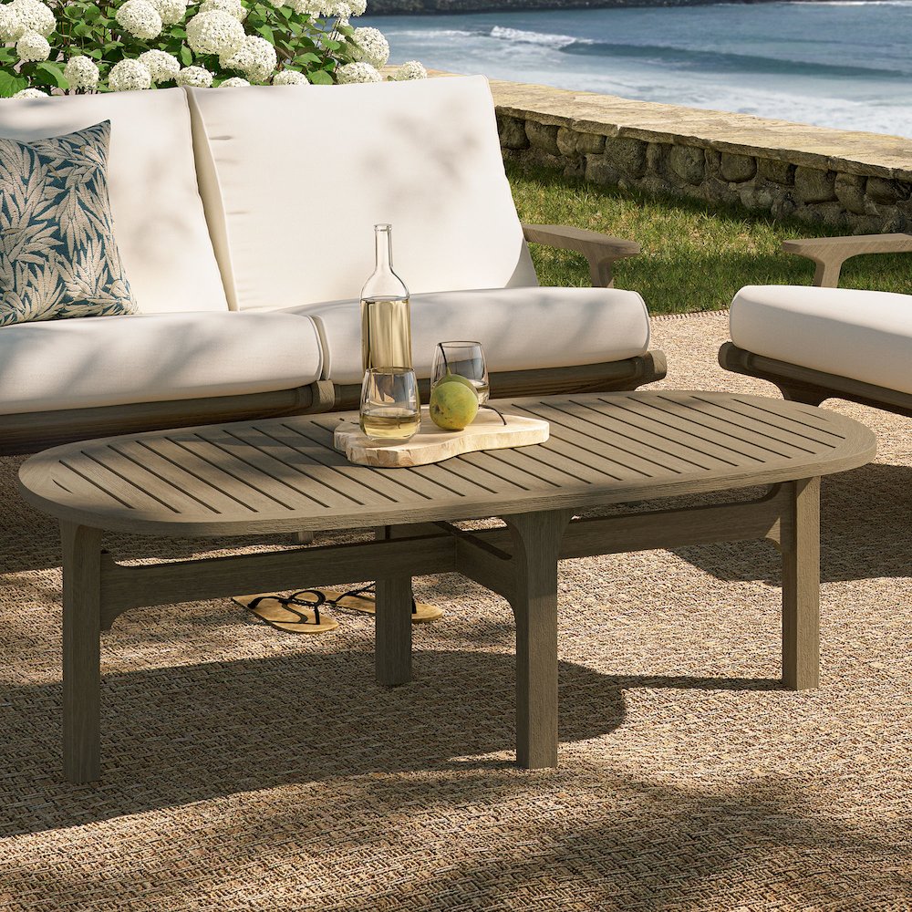 Saratoga Oval Outdoor Patio Teak Wood Coffee Table. Picture 9