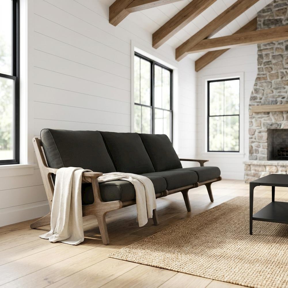 Teak Outdoor Sofa with High-Back Armrests for Patio, Deck or Porch, Flint Gray. Picture 2