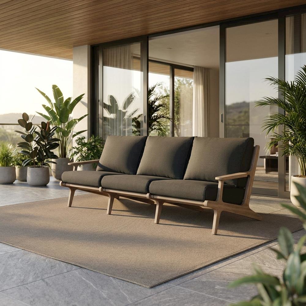Teak Outdoor Sofa with High-Back Armrests for Patio, Deck or Porch, Flint Gray. Picture 3
