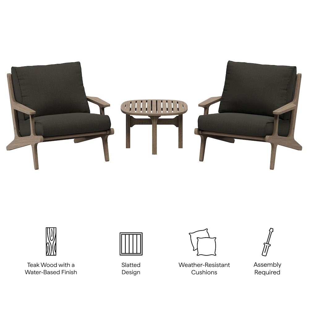 Saratoga 3-Piece Patio Teak Wood Furniture Set Lounge Chairs, Side Table. Picture 2