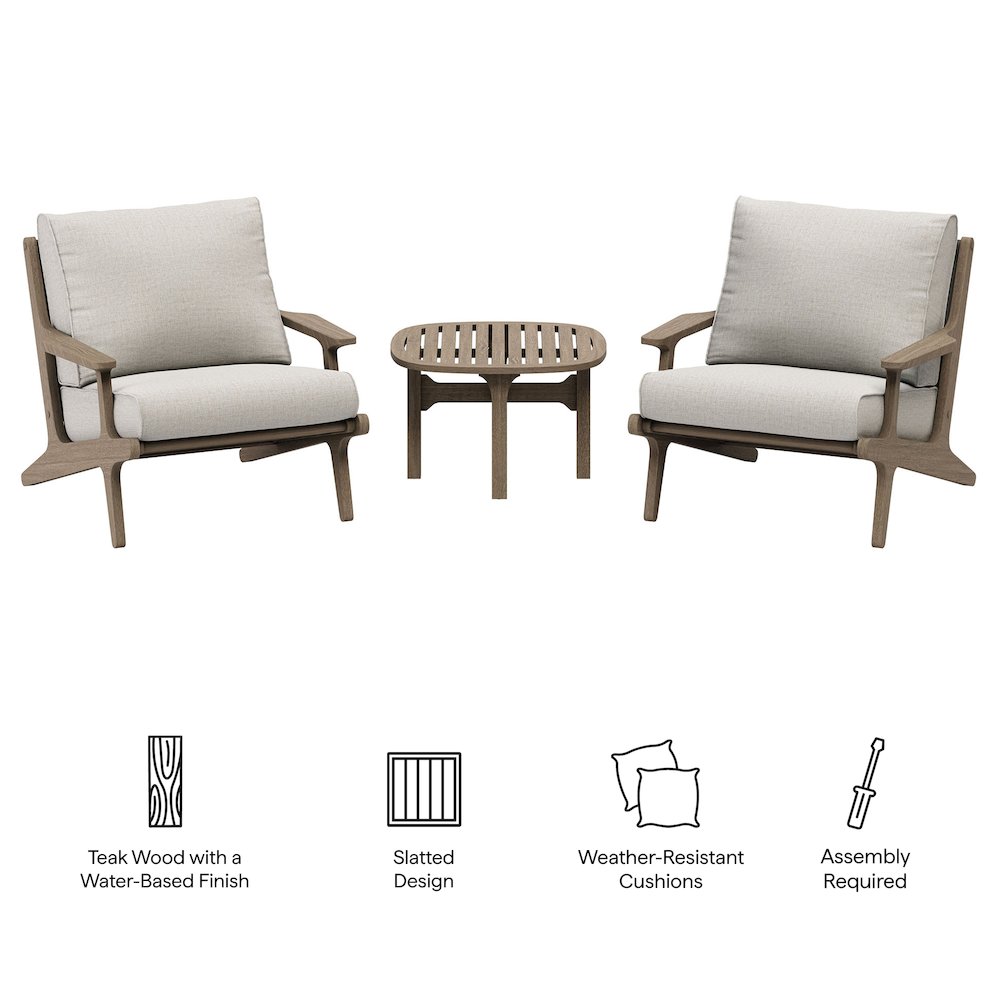 Saratoga 3-Piece Patio Teak Wood Furniture Set Lounge Chairs, Side Table. Picture 2