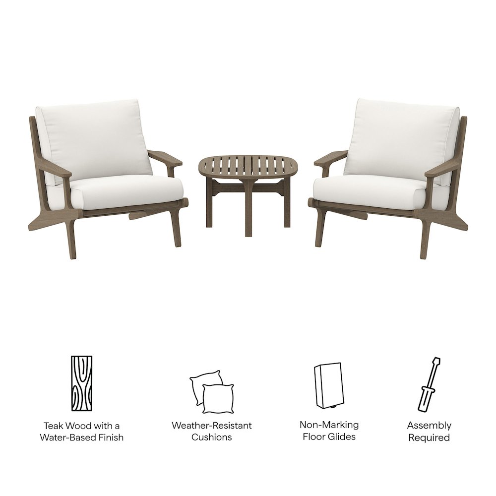 3-Piece Outdoor Patio Teak Wood Furniture Set with Lounge Chairs and Side Table. Picture 2