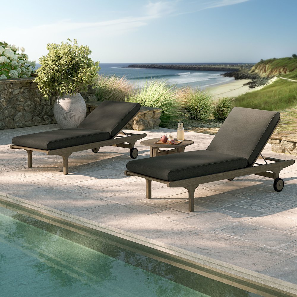 Saratoga Outdoor Patio Teak Wood 3-Piece Chaise Lounge Furniture Set. Picture 11