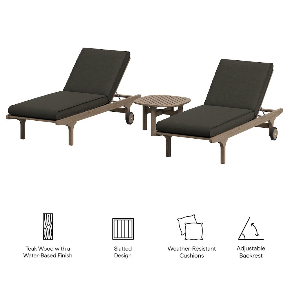 Saratoga Outdoor Patio Teak Wood 3-Piece Chaise Lounge Furniture Set. Picture 2