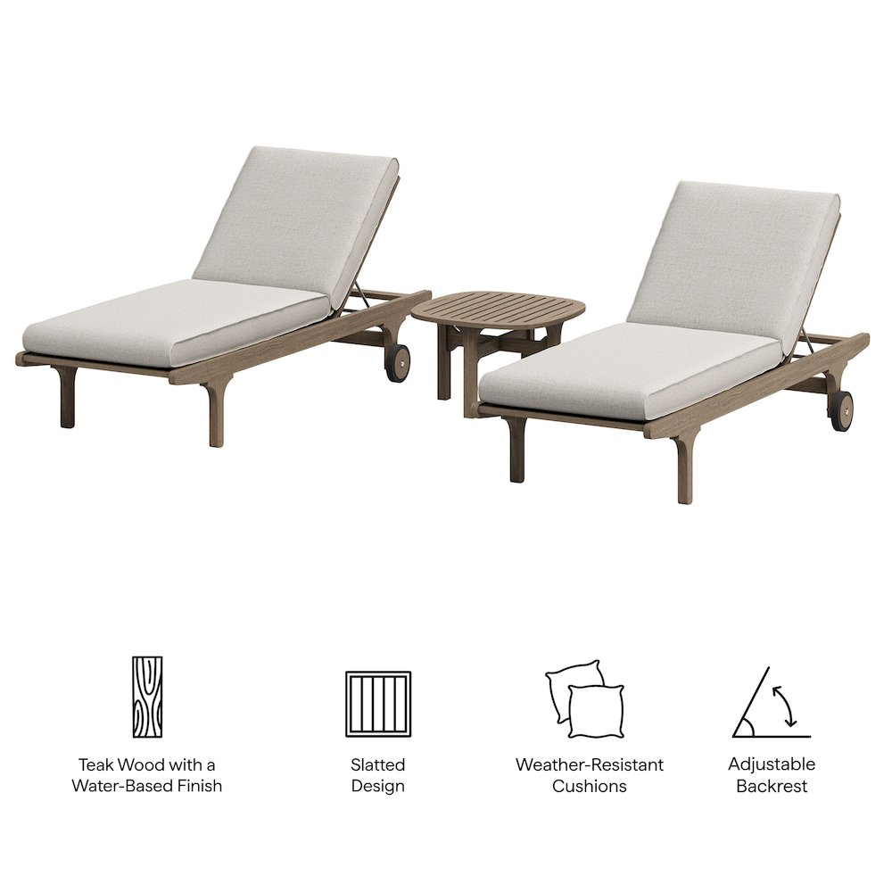 Saratoga Outdoor Patio Teak Wood 3-Piece Chaise Lounge Furniture Set. Picture 2