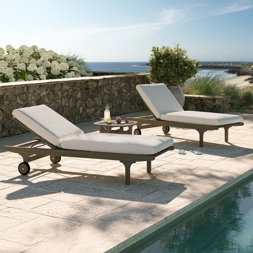 Saratoga Outdoor Patio Teak Wood 3-Piece Chaise Lounge Furniture Set. Picture 7