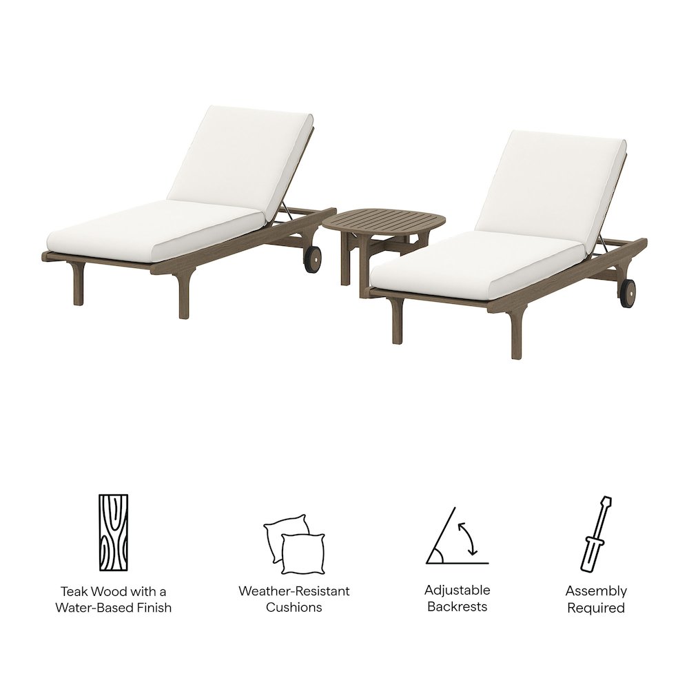 Saratoga Outdoor Patio Teak Wood 3-Piece Chaise Lounge Furniture Set. Picture 4