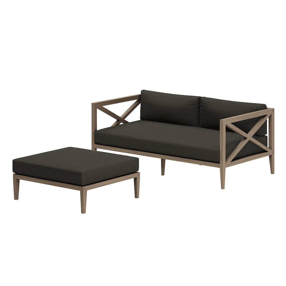 Northlake Outdoor Patio Teak Wood Loveseat and Ottoman Set. Picture 1