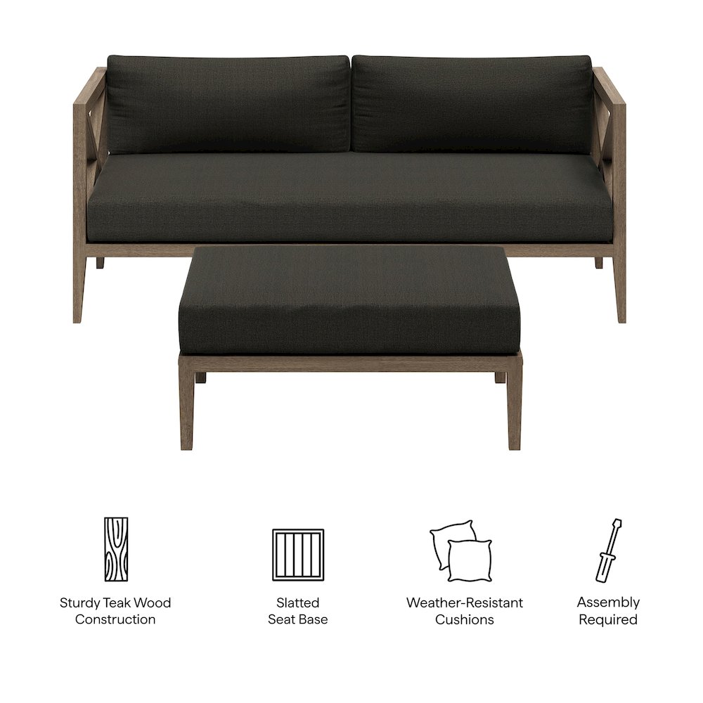 Northlake Outdoor Patio Teak Wood Loveseat and Ottoman Set. Picture 2