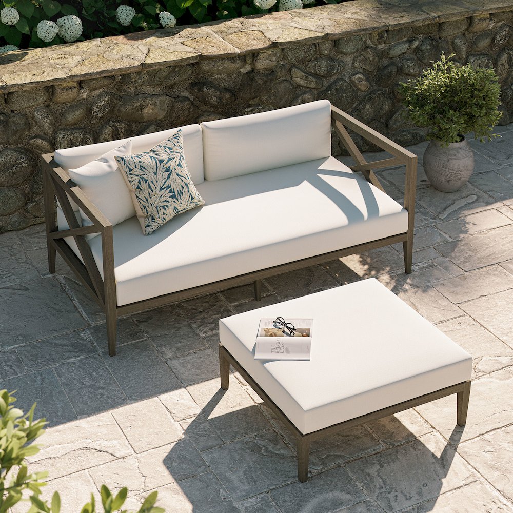 Northlake Outdoor Patio Teak Wood Loveseat and Ottoman Set. Picture 7