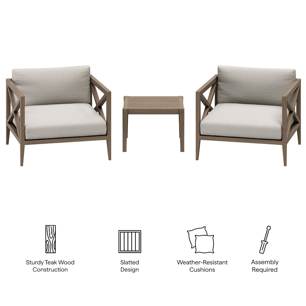 Northlake 3-Piece Patio Teak Wood Furniture Set Armchair, Side Table. Picture 2