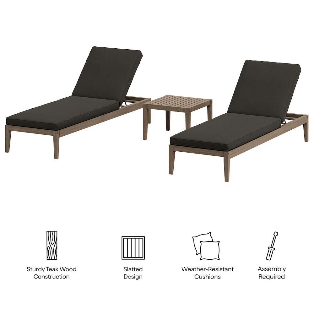 Northlake 3-Piece Patio Teak Wood Furniture Set Chaise Lounges, Side Table. Picture 2