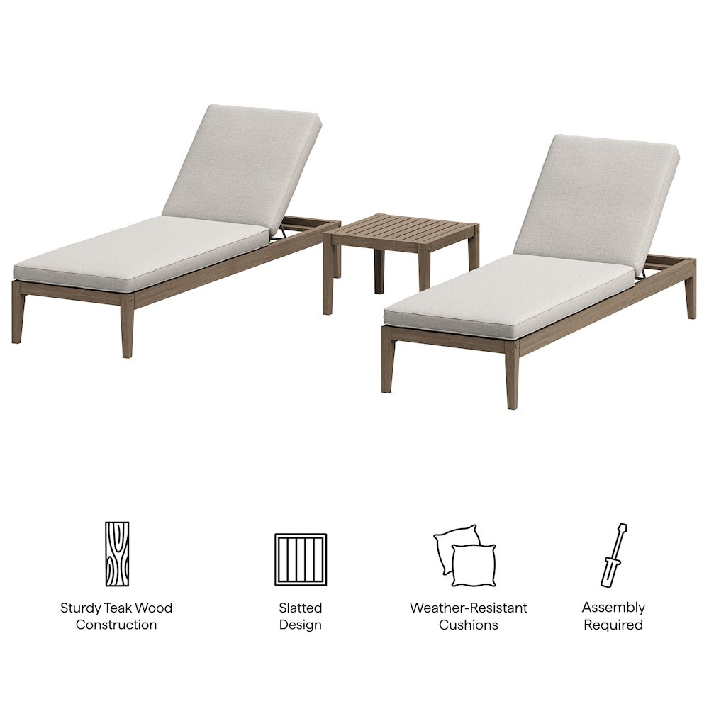 Northlake 3-Piece Patio Teak Wood Furniture Set Chaise Lounges, Side Table. Picture 2