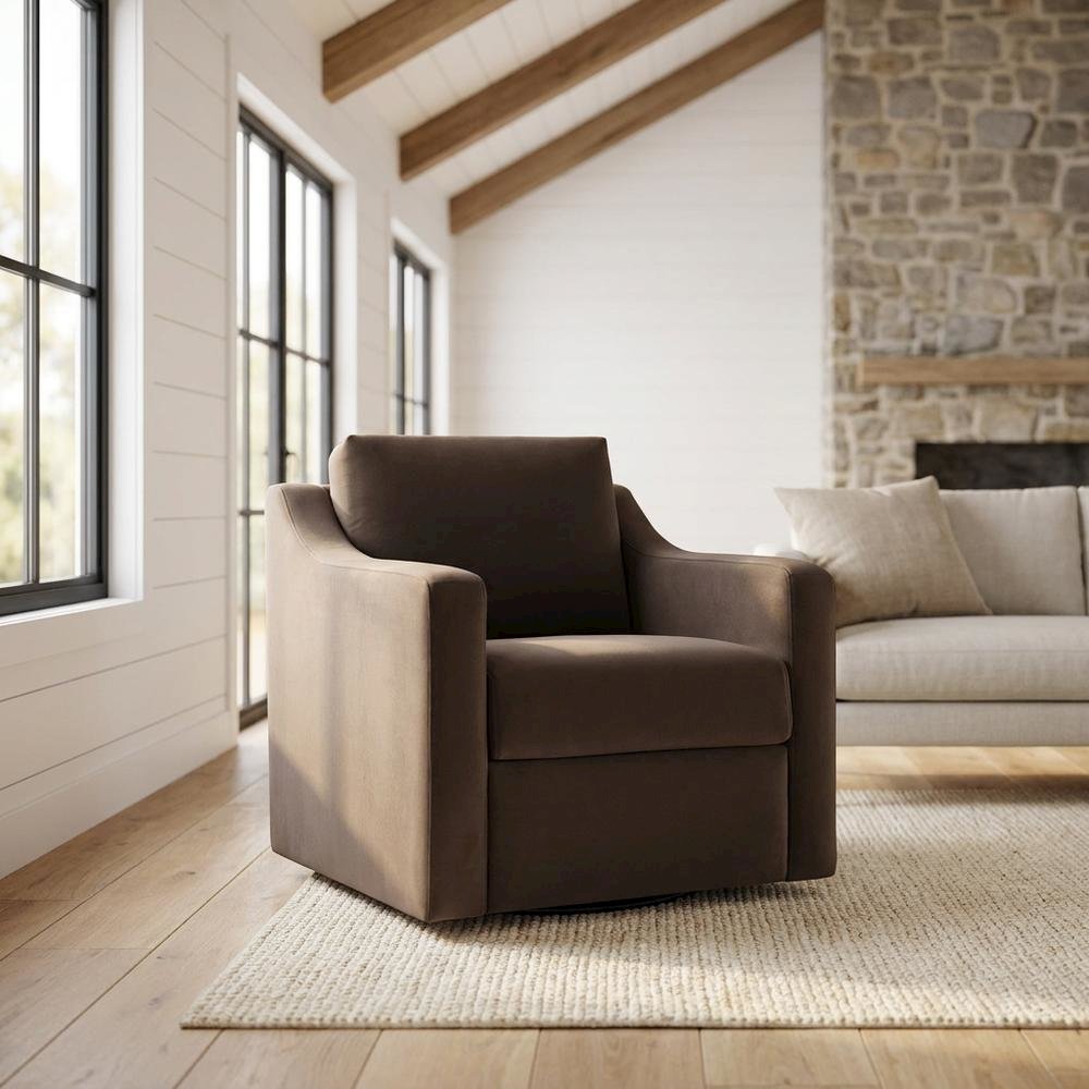 Performance Velvet Swivel Accent Armchair for Living Room, Bedroom, Chocolate. Picture 2