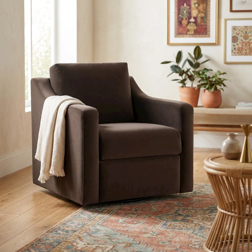 Performance Velvet Swivel Accent Armchair for Living Room, Bedroom, Chocolate. Picture 3