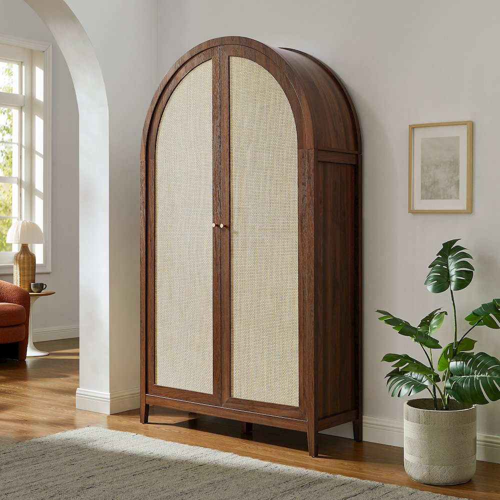 Calista 79" Tall Wide Rattan Arched Storage Cabinet. Picture 8