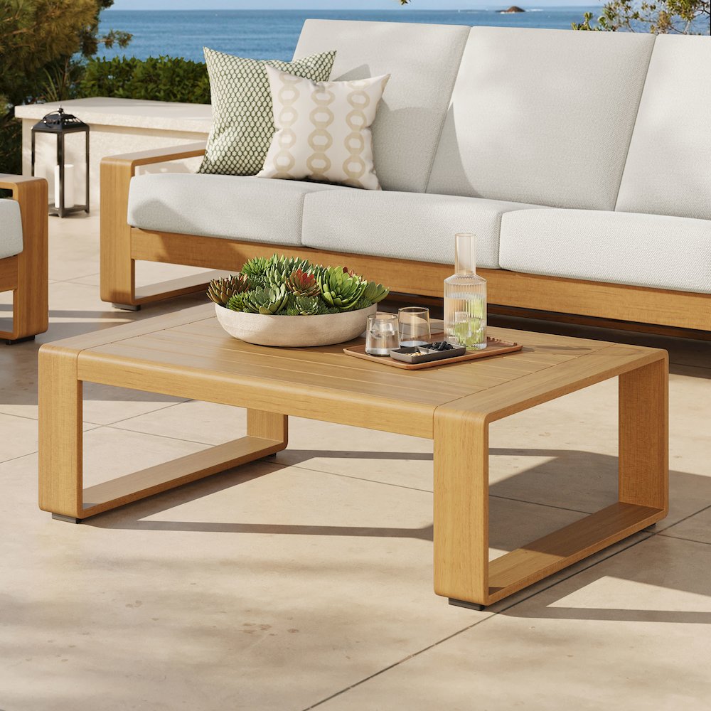Lirienne Outdoor Patio Aluminum Faux Wood Coffee Table. Picture 8