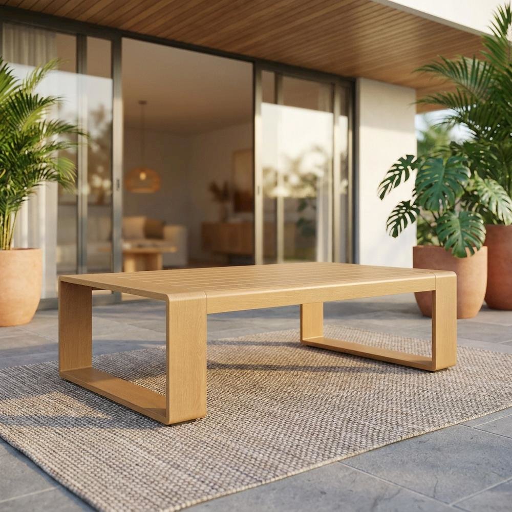 Aluminum Faux Wood Rectangular Patio Coffee Table for Deck and Porch, Natural. Picture 2
