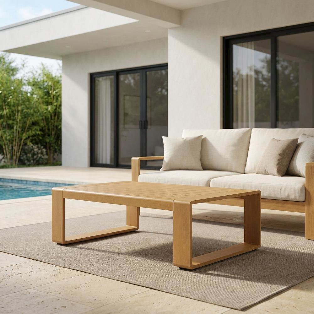 Aluminum Faux Wood Rectangular Patio Coffee Table for Deck and Porch, Natural. Picture 3
