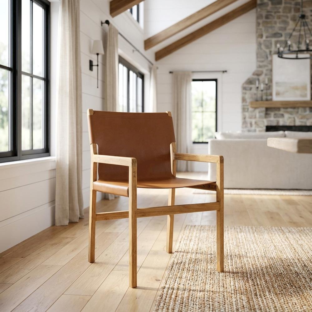 Leather Dining Accent Chair with Armrests, Chestnut Tan. Picture 2