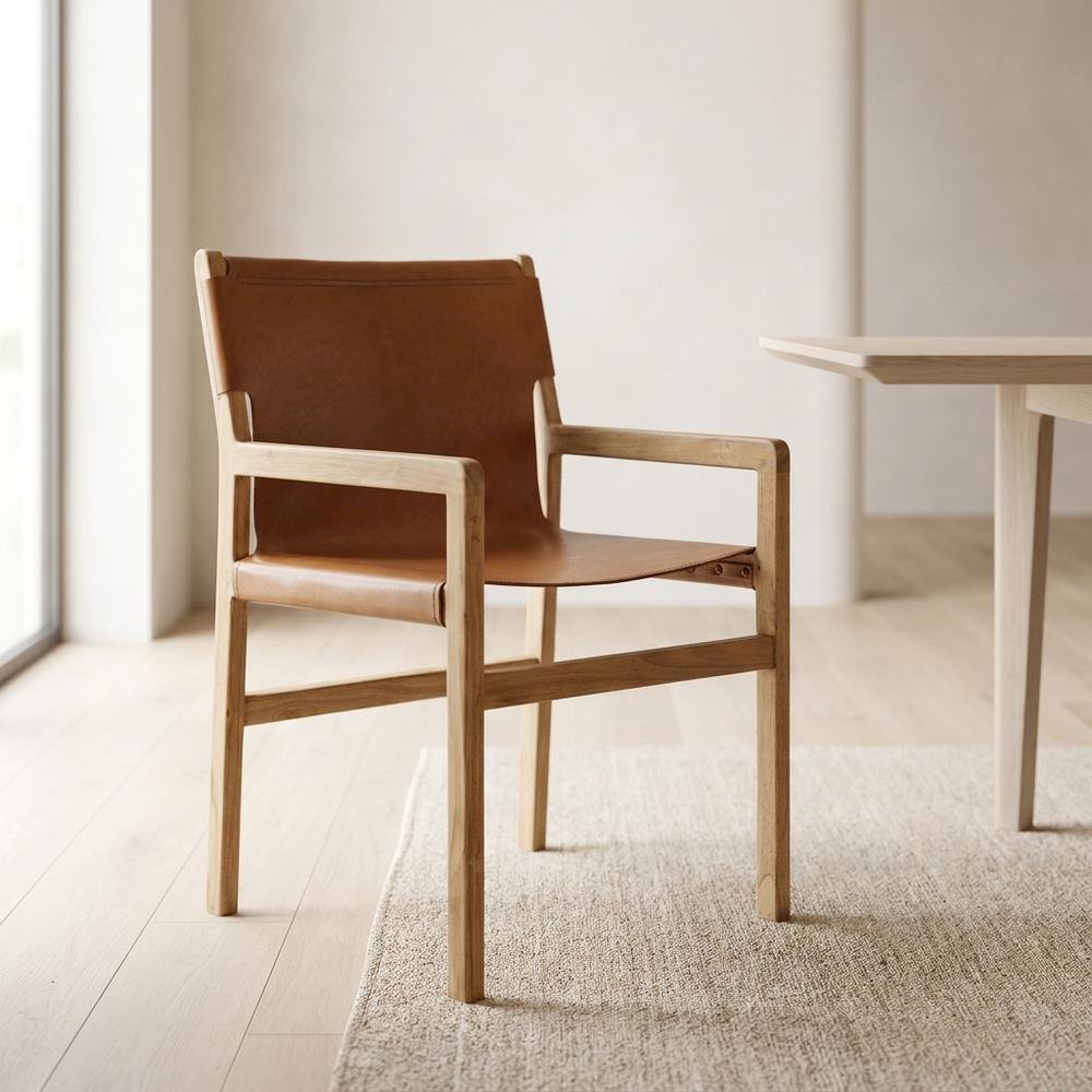 Leather Dining Accent Chair with Armrests, Chestnut Tan. Picture 3