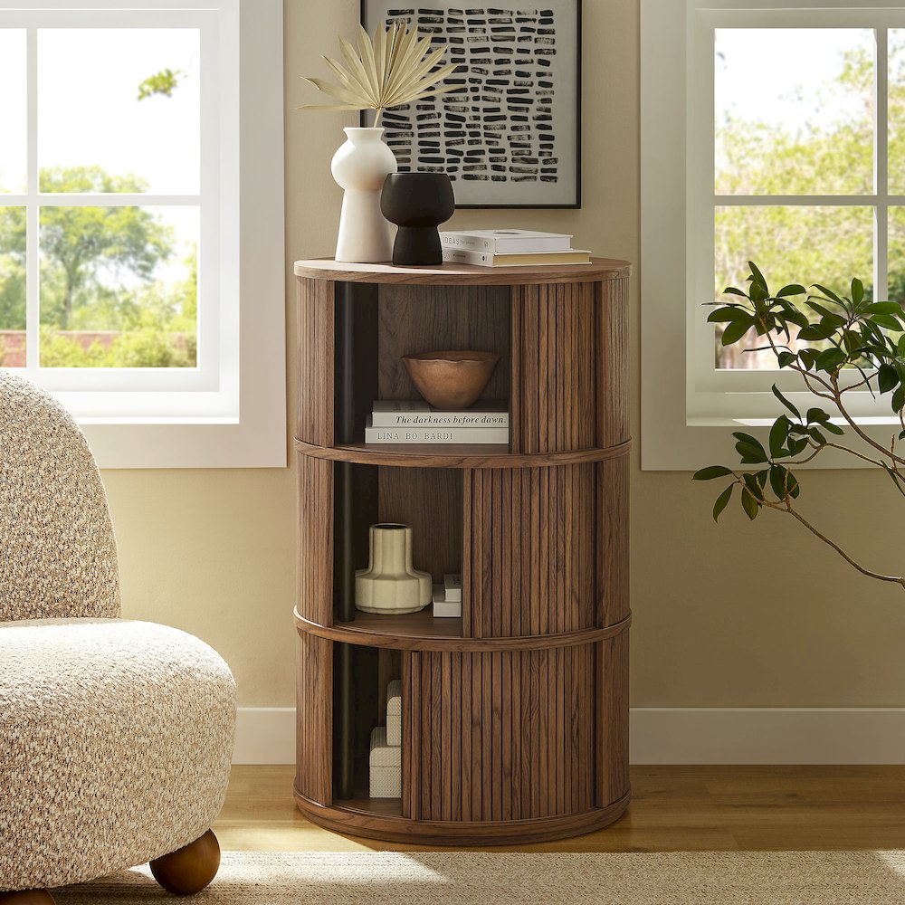 Clement Round Pedestal Stand Storage Table With Sliding Tambour Doors. Picture 11