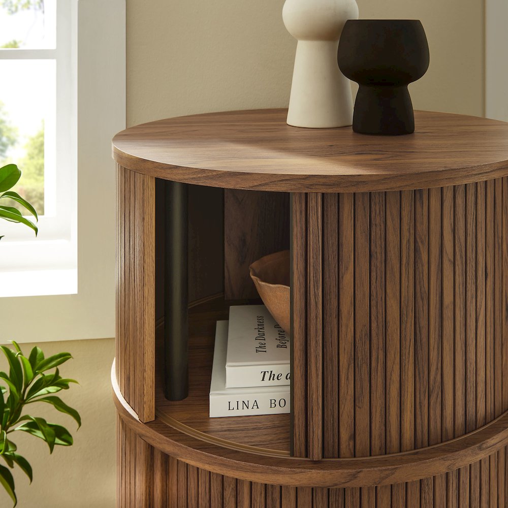 Clement Round Pedestal Stand Storage Table With Sliding Tambour Doors. Picture 12
