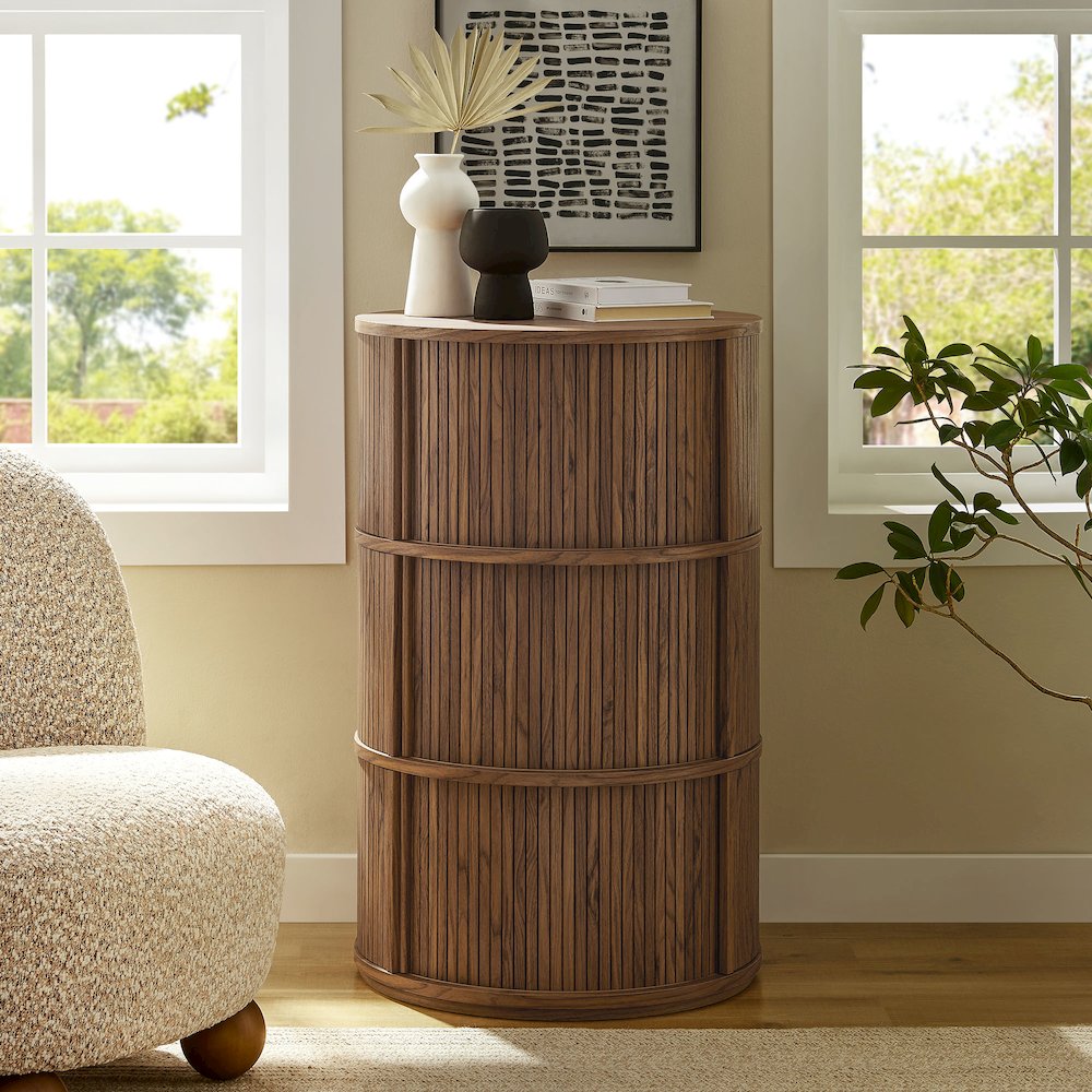 Clement Round Pedestal Stand Storage Table With Sliding Tambour Doors. Picture 9