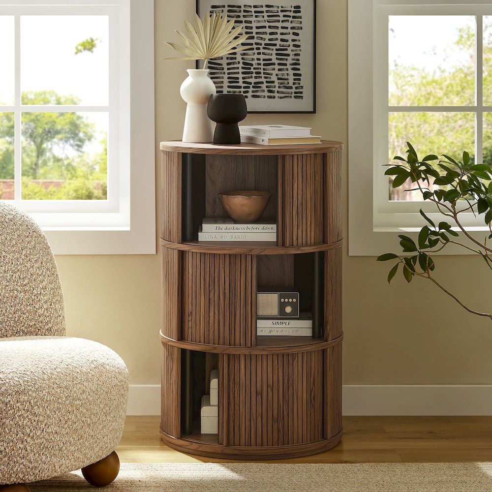 Clement Round Pedestal Stand Storage Table With Sliding Tambour Doors. Picture 10