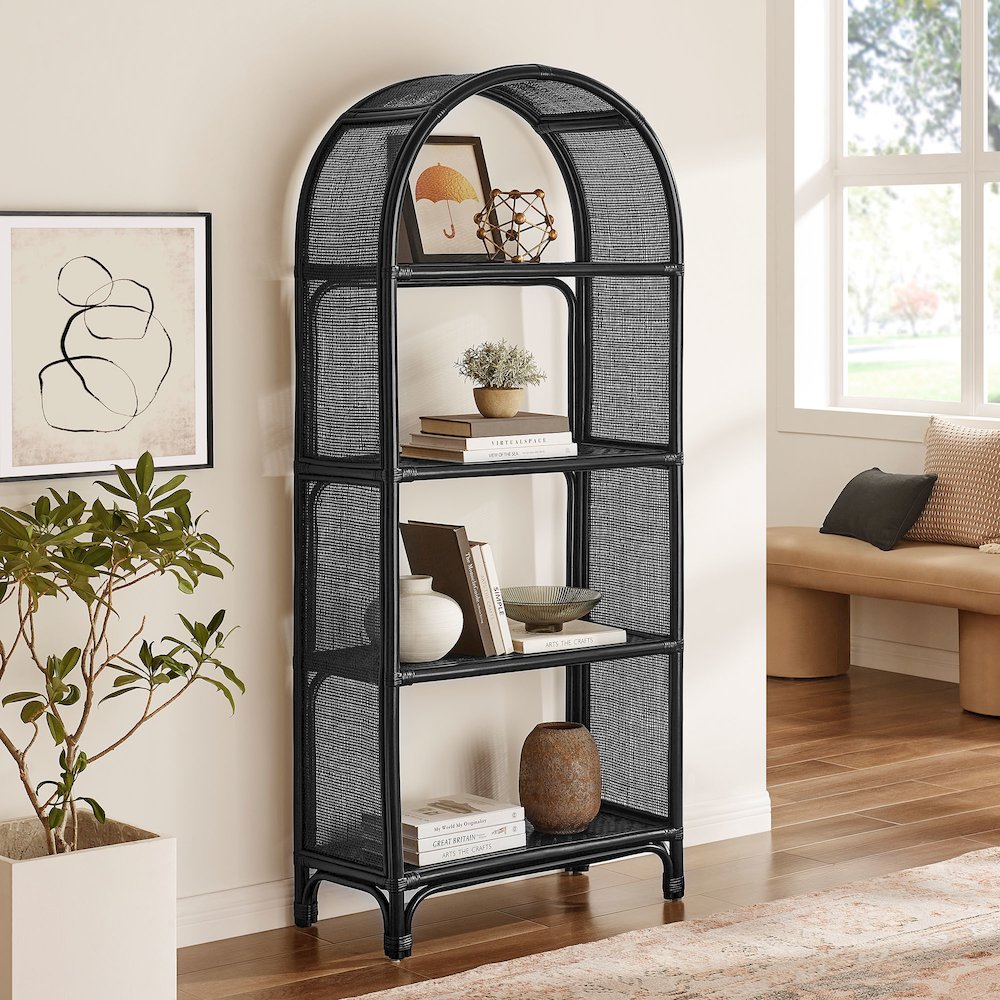 Celeste 67 Inch Tall Arched Natural Rattan Bookshelf. Picture 8
