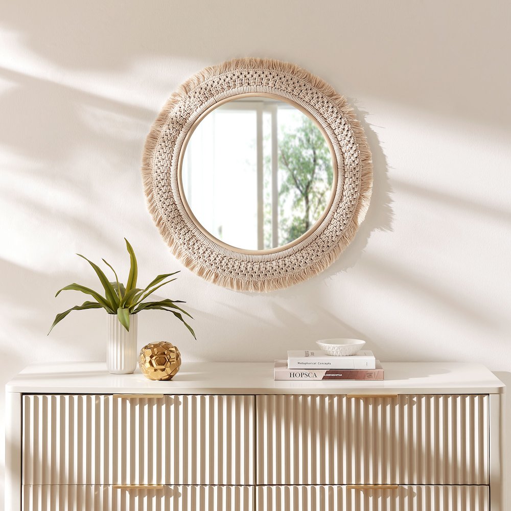 Jade Round Rattan Macrame Wall Mirror. Picture 6