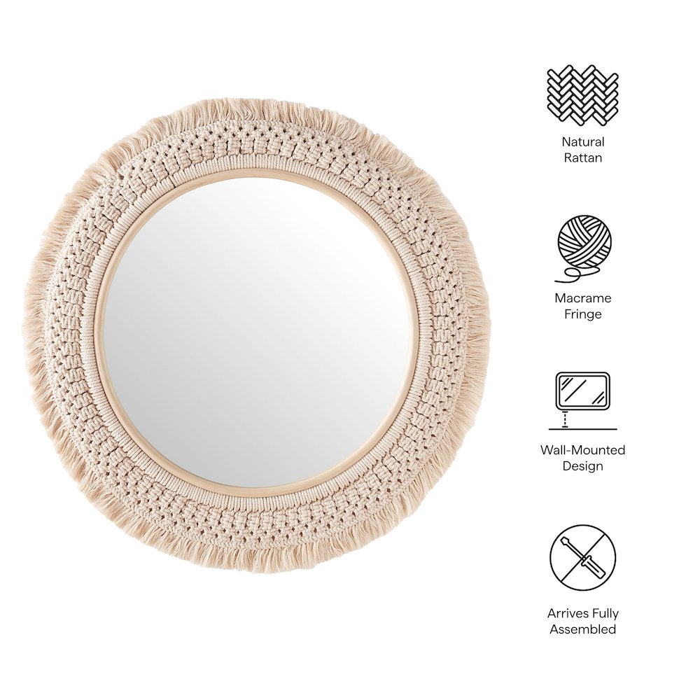 Jade Round Rattan Macrame Wall Mirror. Picture 3