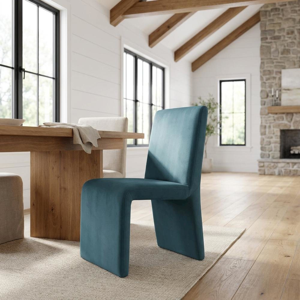 Upholstered Performance Velvet Dining Side Chair, Cadet Blue. Picture 2