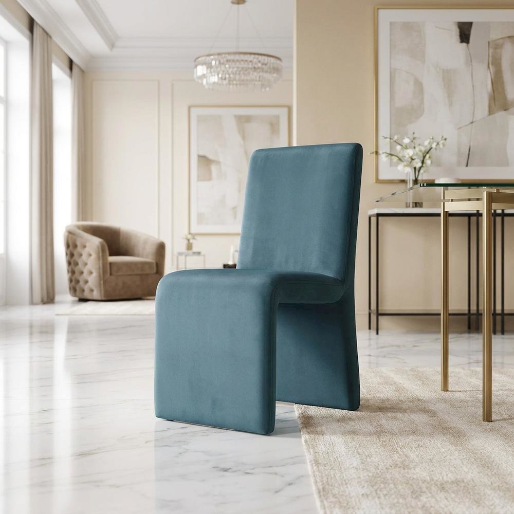 Upholstered Performance Velvet Dining Side Chair, Cadet Blue. Picture 3