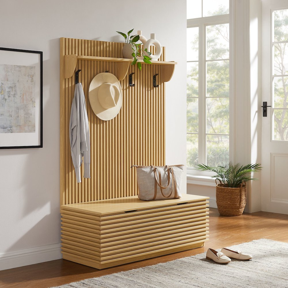 Render Fluted 3-in-1 Hall Tree With Storage Bench and Coat Rack. Picture 10