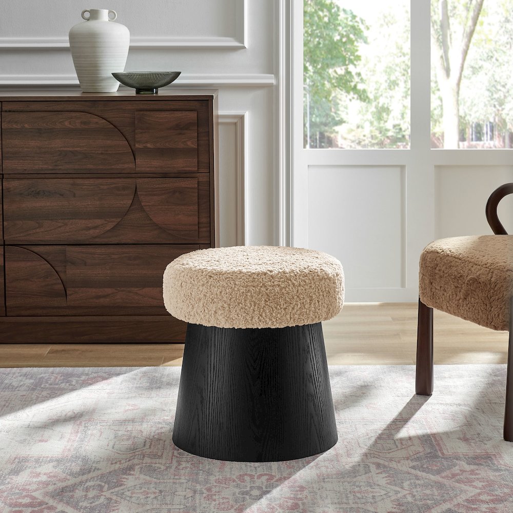 Ketra Round Faux Shearling Ottoman Footstool. Picture 6