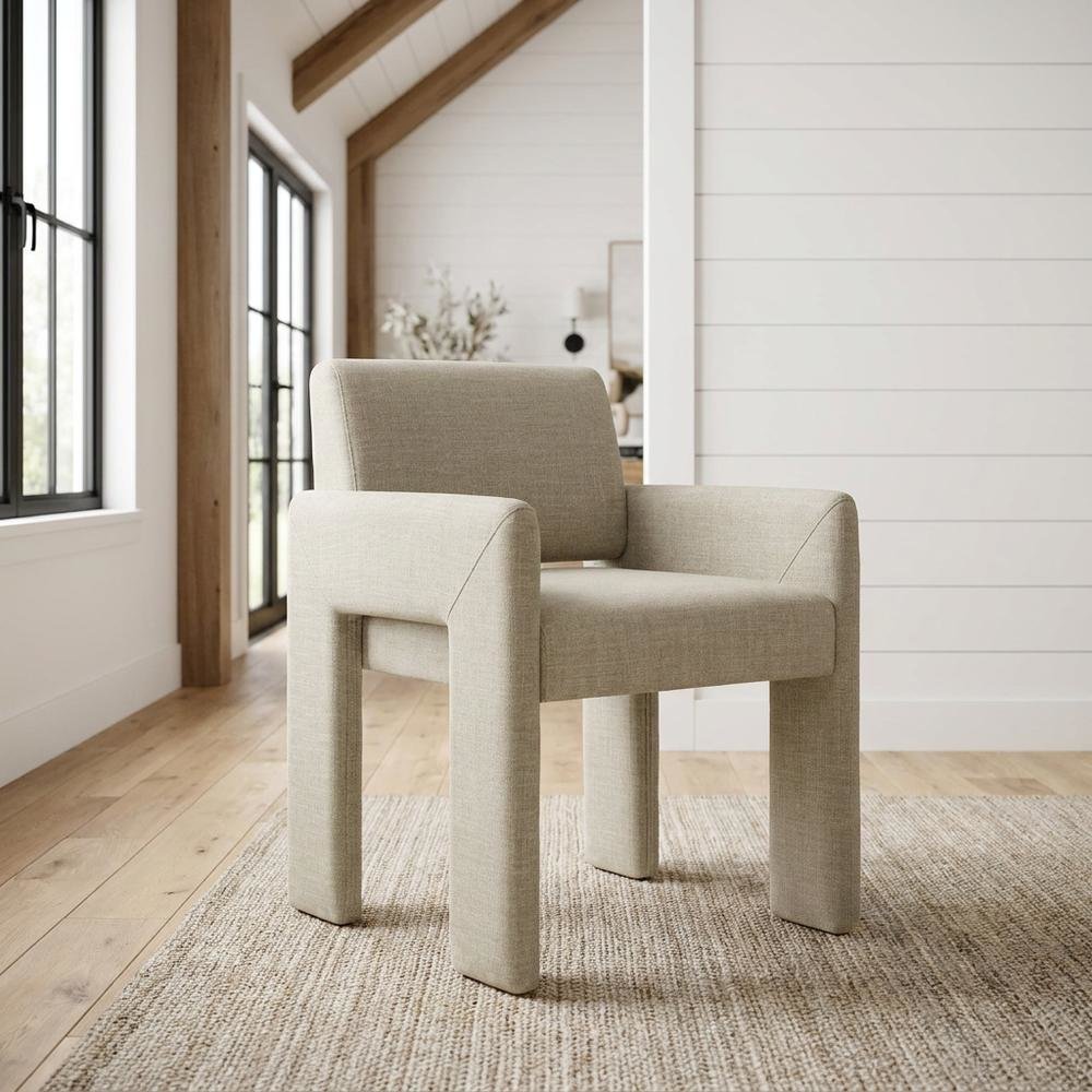 Fabric-Upholstered Dining Chair with Arms and Thick Cushion for Kitchen, Linen. Picture 2
