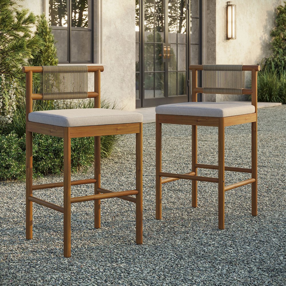 Eleni Outdoor Patio Teak Wood Bar Stools Set of 2. Picture 9