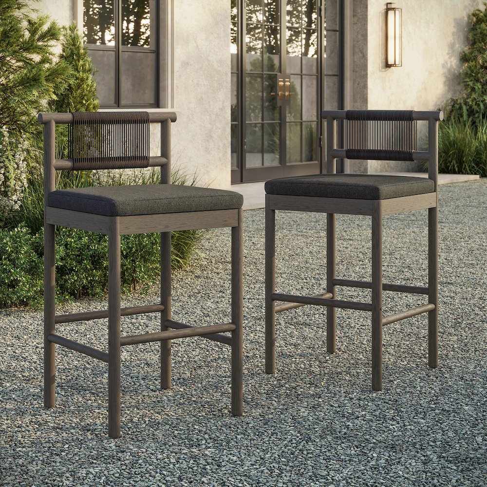 Eleni Outdoor Patio Teak Wood Bar Stools Set of 2. Picture 9