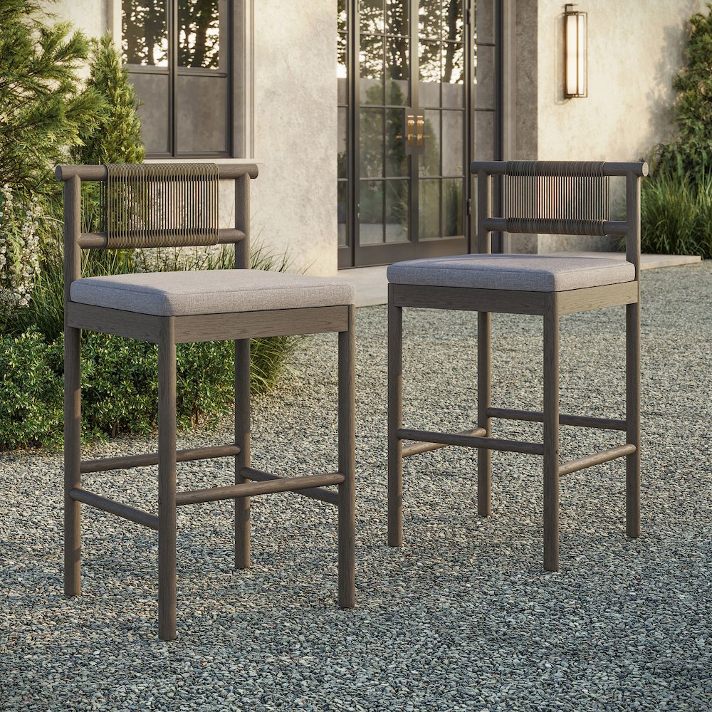 Eleni Outdoor Patio Teak Wood Bar Stools Set of 2. Picture 9