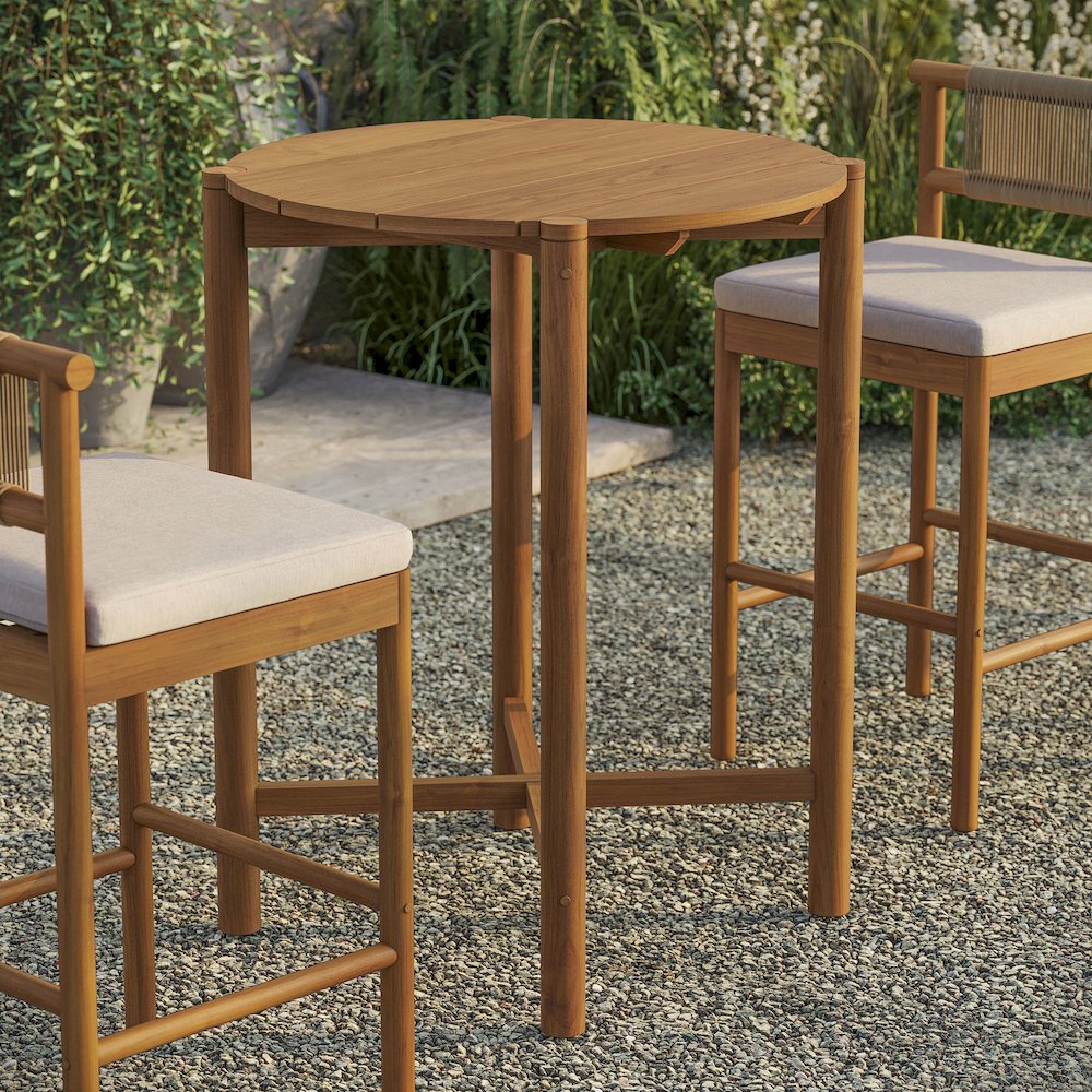 Eleni Round 35 Inch Outdoor Patio Teak Wood Round Bar Table. Picture 7
