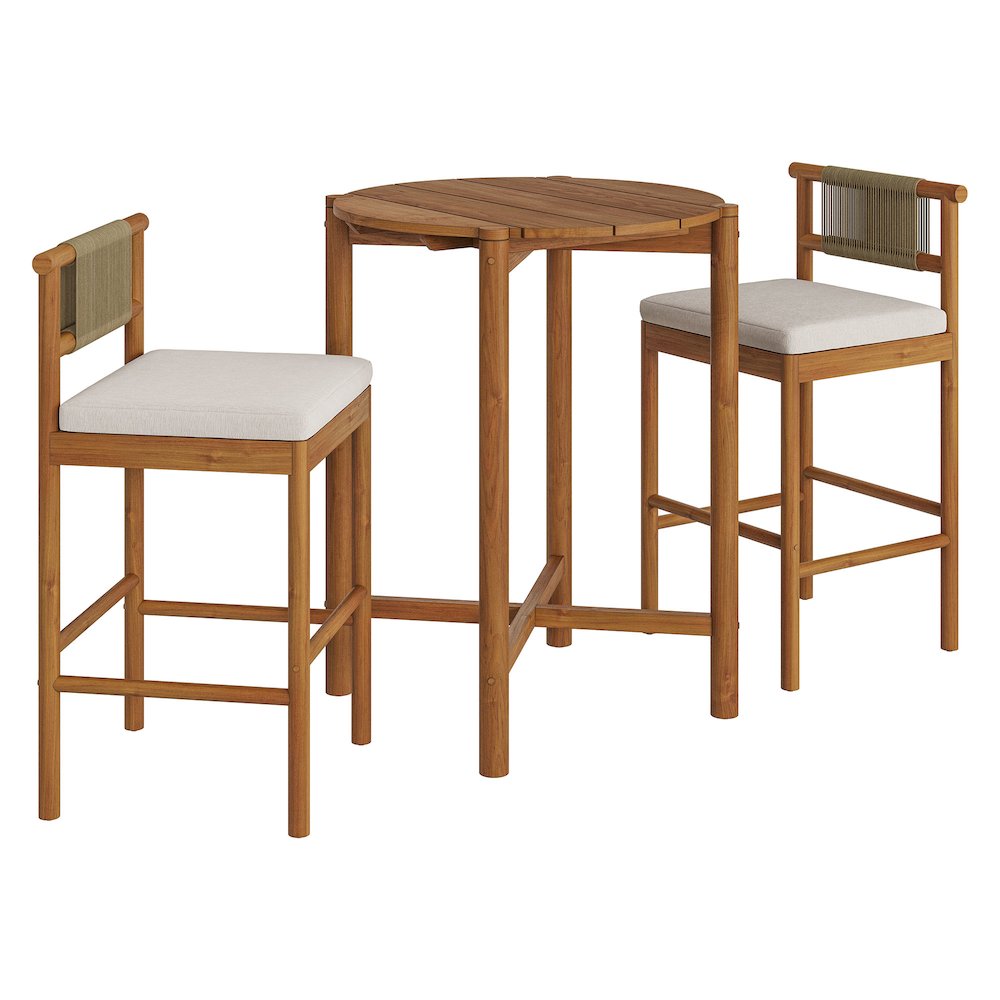 Eleni 3-Piece Outdoor Patio Teak Wood Bar Set. Picture 1