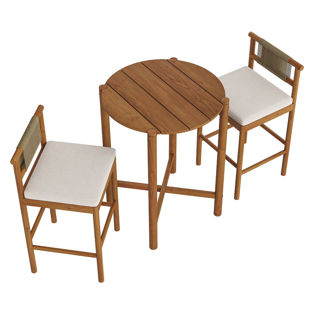 Eleni 3-Piece Outdoor Patio Teak Wood Bar Set. Picture 5