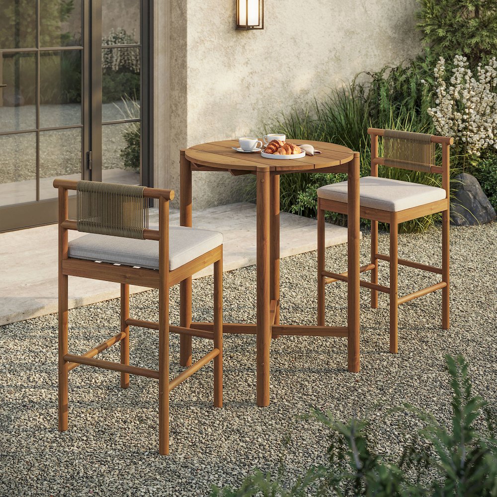 Eleni 3-Piece Outdoor Patio Teak Wood Bar Set. Picture 6